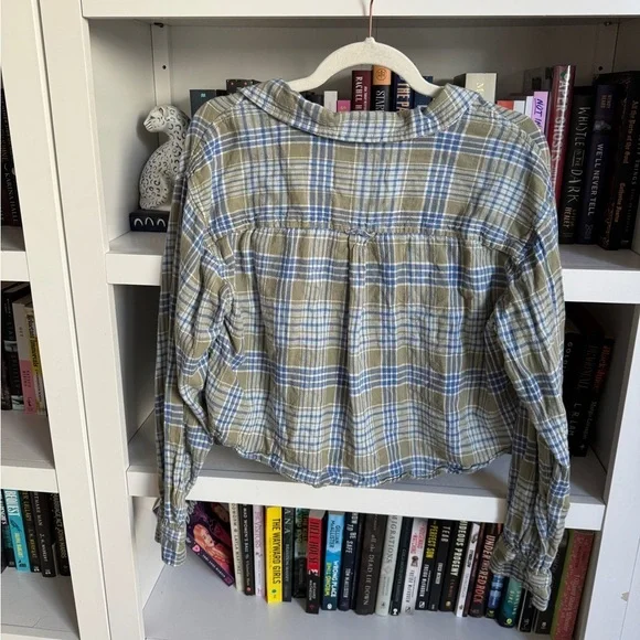 American Eagle blue green plaid flannel cropped long sleeve shirt top western - Picture 6 of 6